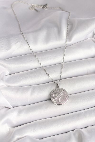 Giydirmece 316L Steel Silver Color Chain Zircon Stone Moon Sun Engraved Medallion Model Women's Necklace