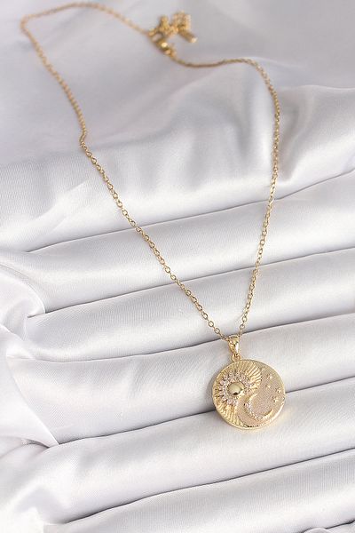 Giydirmece 316L Steel Gold Color Chain Zircon Stone Moon Sun Engraved Medallion Model Women's Necklace
