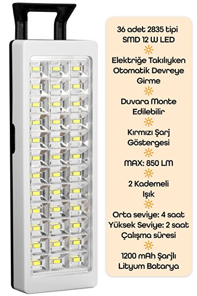Telvesse 36 LED Şarjlı Işıldak POWER Lambası Otomatik Yanan Fener 2 Kademeli Elektrikli El Feneri 47733