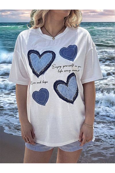 PENTHİLUS Women's Large Size Heart Printed Round Neck Short Sleeve Casual Loose Summer T-Shirt