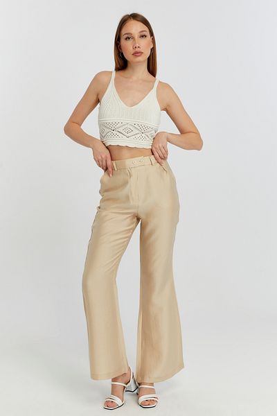 Bolivente Light Beige Linen Flared Woven Trousers