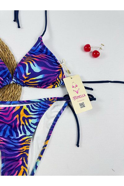 FUNELLA Colorful Zebra Patterned Stylish Women's Bikini Set with Tie on the Side and Neck