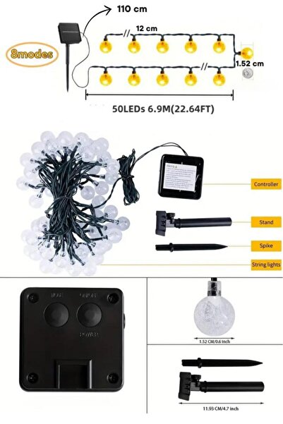 DepoMega Güneş Enerjili 50 LED 7 Metre Günışığı Sarı Renk Dış Mekan Bahçe Teras Ağaç Led Işık 8 Modlu