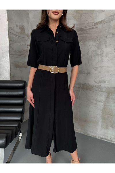 Elif Özbey Butik Rochie neagră cu mânecă scurtă cu buzunar