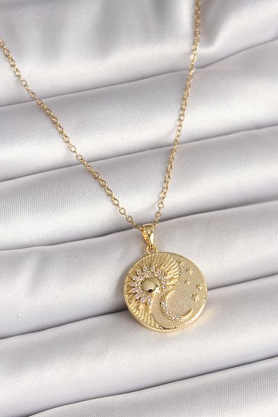 Giydirmece 316L Steel Gold Color Chain Zircon Stone Moon Sun Engraved Medallion Model Women's Necklace