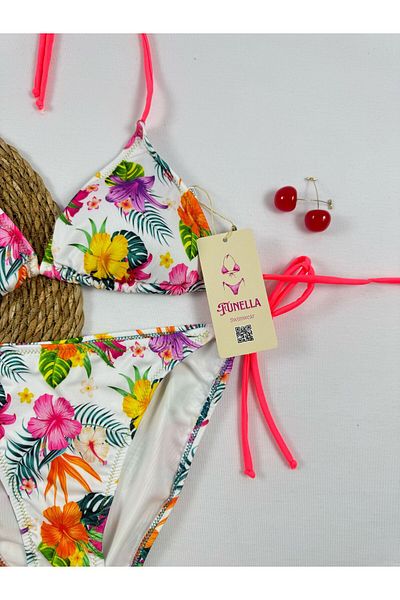 FUNELLA Floral Patterned Stylish Women's Bikini Set with Side and Neck Tie