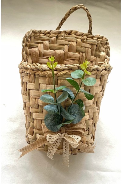 MACROMEKİDS 3 lü Doğal Karşılama Seti | Hoşgeldiniz Okaliptüslü Kapı Süsü + Dekoratif Paspas + Hasır Sepet