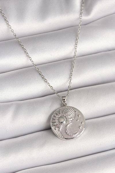 Giydirmece 316L Steel Silver Color Chain Zircon Stone Moon Sun Engraved Medallion Model Women's Necklace