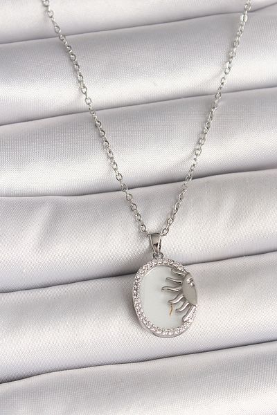 Clariss 316L Steel Silver Color Chain White Enamel Sunset Model Zircon Stone Detailed Women's Necklace