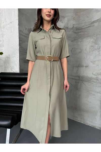 Elif Özbey Butik Κοντομάνικο φόρεμα με λεπτομέρεια χακί τσέπης
