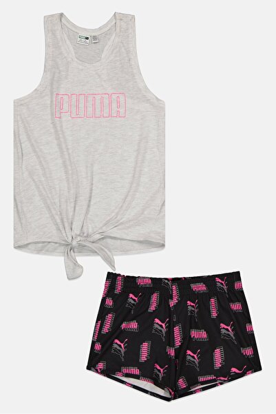 Puma Kids Girl 2 Piece Graphic Print Tank Top And Shorts, Grey/Black