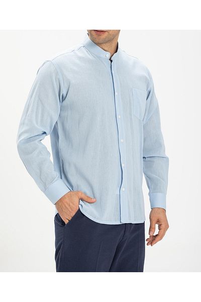 ATİLLA ÖZER Мъжка лятна риза Şile Cloth с единичен джоб и яка за съдии, цвят ледено син лен