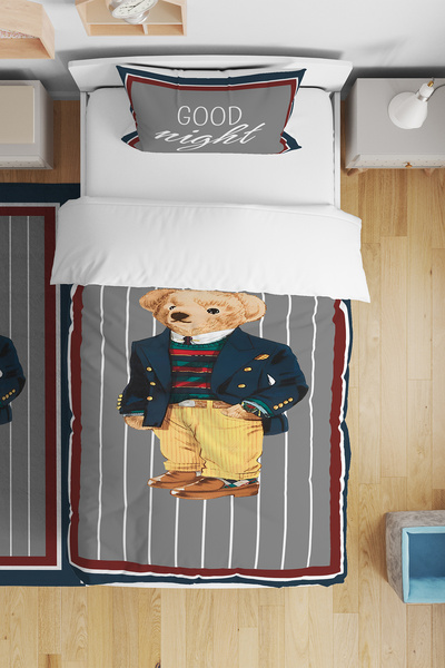 BelezaHome Fares Bear Single Duvet Cover Set-Blue