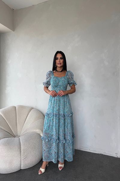 LİLA İSTANBUL Square Neck Watermelon Sleeve Gimped Floral Patterned Summer Dress