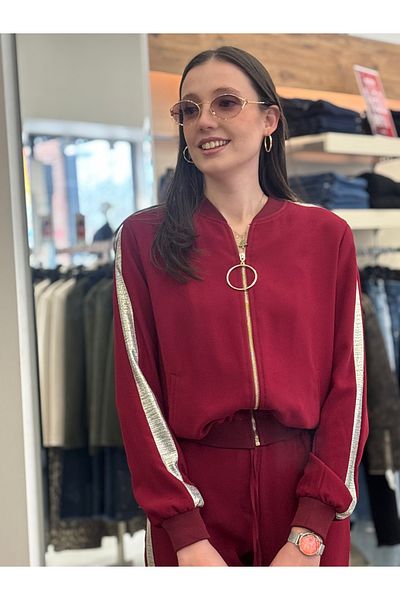 AYHAN Ring Detailed Front Zipper and Side Glitter Stripe Tracksuit Set