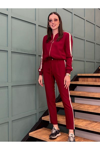 AYHAN Ring Detailed Front Zipper and Side Glitter Stripe Tracksuit Set