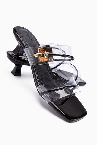 Limoya Silvi Black Patent Leather Buckle Short Heeled Women's Slippers