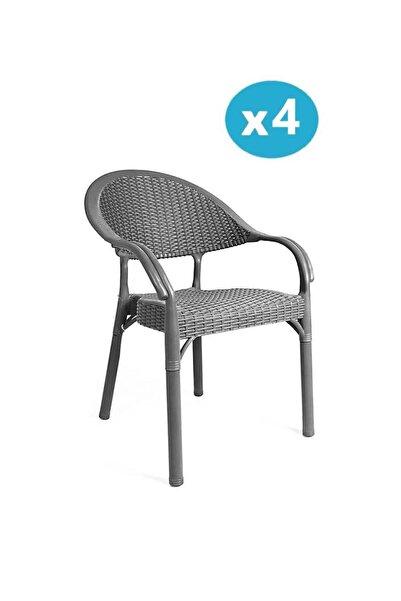 Omnipazar IRK-HK735 Bambu Rattan Desenli Plastik Bahçe Sandalye Koltuk 4'lü Set