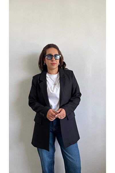 Gizybutik Tek Düğmeli Yün Efektli Siyah Blazer Ceket