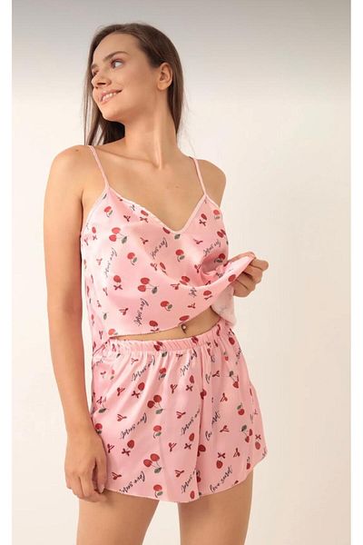 femmefinesse Set de pantaloni scurți din satin cu model pentru femei, îmbrăcăminte de noapte elegantă