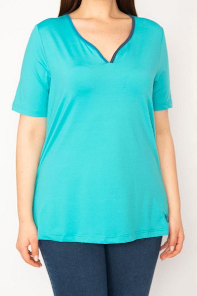 Şans Women's Turquoise Plus Size Collared Sport Blouse 65n35618