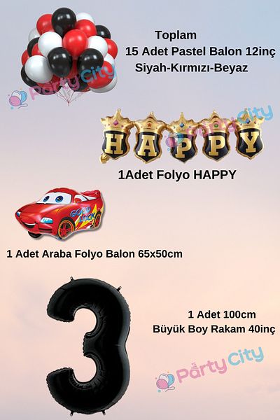 Party City Σετ μπαλονιών για πάρτι γενεθλίων με θέμα το αυτοκίνητο 3 ετών Happy Folyo