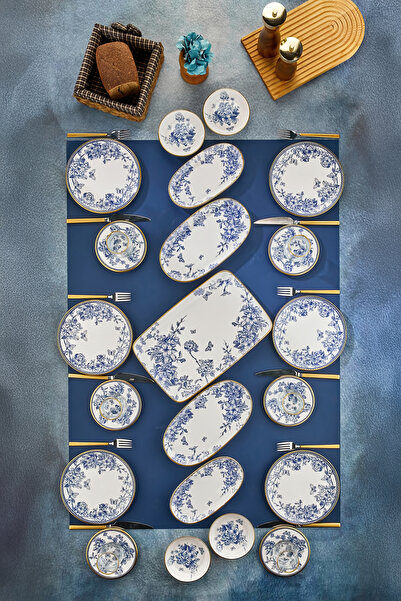 Mabeyn 27 Parça Çay Bardaklı Seramik Kahvaltılık Pasta Servis Takımı Seti Mavi