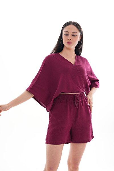 soi fashion Bolero de muselină cu cravată în față Roșu Claret