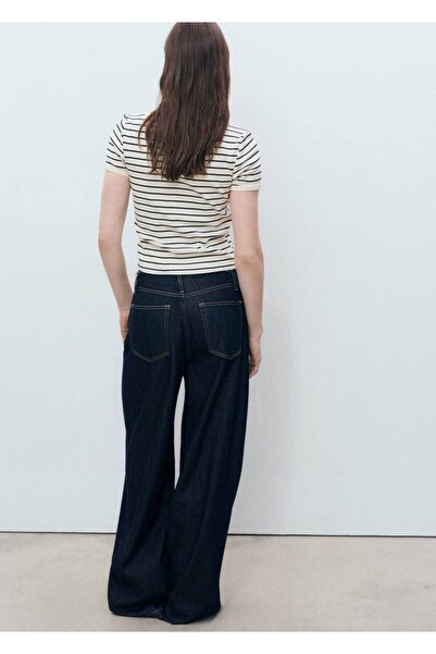 MANGO Woman Βαμβακερό μπλουζάκι με ριγέ σχέδιο και χαμηλό λαιμό