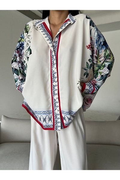 BRGCLOTHING Jessica Fabric - White Floral Print Loose Shirt and Wide Leg Pants Set