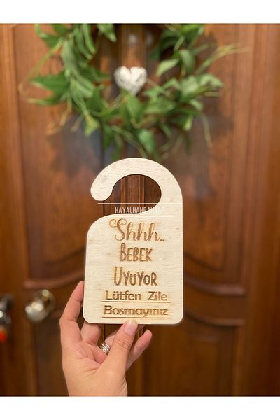 HAYALHANE AHŞAP HOME DECORATION & DESIGN Baby Is Sleeping Please Do Not Ring the Bell Wooden Door Ornament / Baby Gift / Baby Door Ornament