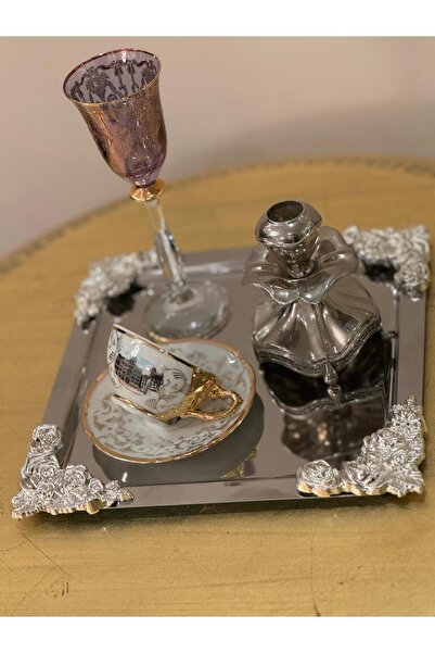 farklı evim 6-Piece Luxury Silver Cafe Presentation Tray Flower Design Has 4 Corners