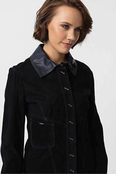 Deriderim Navy Blue Eylin Women's Genuine Suede Shirt