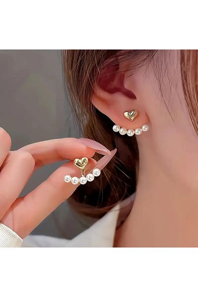 HOBİSY GIFT SHOP Heart Pearl Detailed Steel Earrings Stylish and Elegant Design - Does Not Tarnish Antiallergic Gold Color
