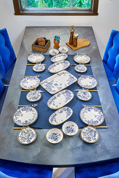 Mabeyn 27 Parça Çay Bardaklı Seramik Kahvaltılık Pasta Servis Takımı Seti Mavi