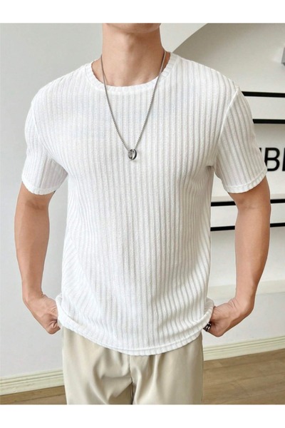 TEXTURA Unisex Erkek-Kadın Fitilli Bisiklet Yaka Triko Beyaz T-Shirt