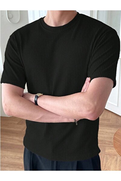 TEXTURA تي شيرت أسود محبوك برقبة دائرية للجنسين للرجال والنساء