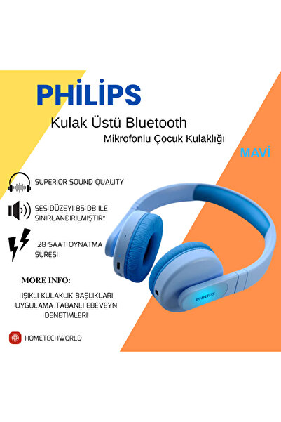 Philips Kablosuz Kulak Üstü Bluetooth Mikrofonlu Çocuk Kulaklığı Mavi