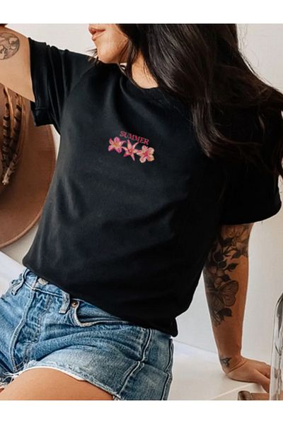 Boi Women's Summer Floral Printed Oversize Summer Cotton T-Shirt