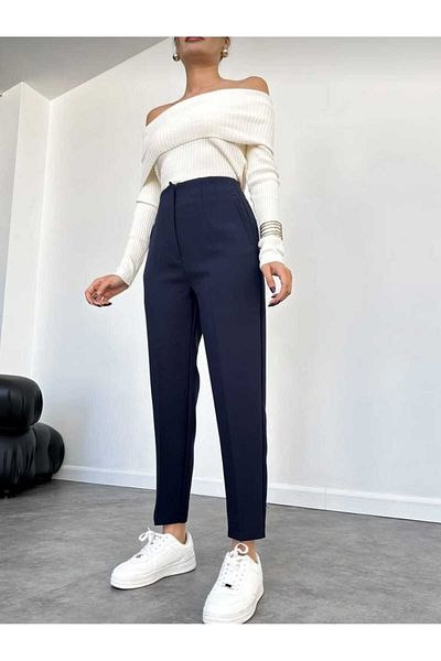 Mrs.idea Black Front Flared High Waist Fabric Trousers