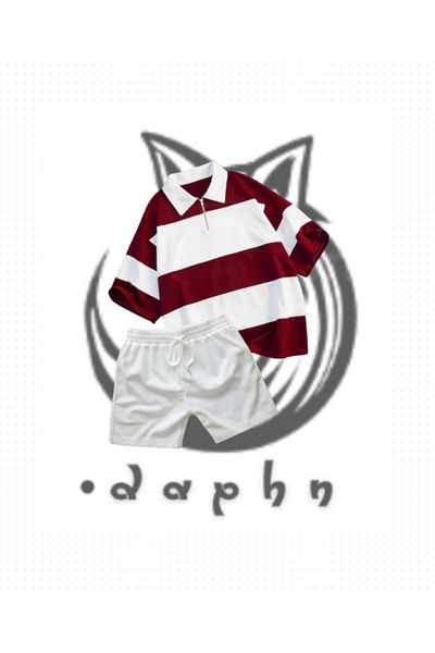 TEXTURA Unisex Striped Oversize Polo Neck Collar Zippered Claret Red T-Shirt Shorts Set of 2