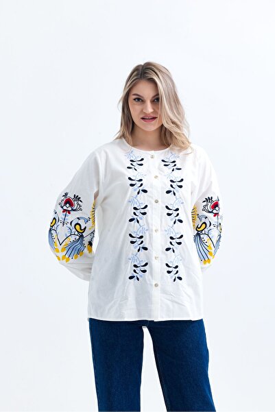 ELLA'S Renkli Kol Nakışlı Keten Kadın Gömlek Etnik Desenli Düğmeli Model