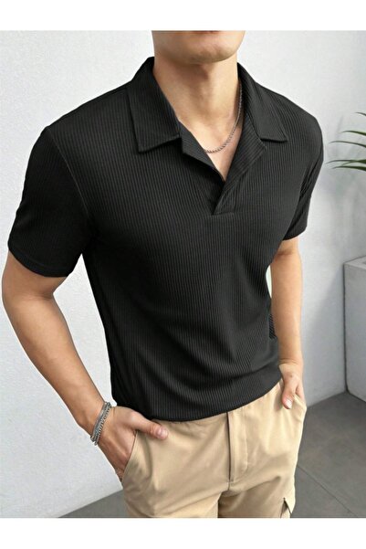 TEXTURA تي شيرت أسود محبوك بياقة بولو مضلع للرجال والنساء للجنسين