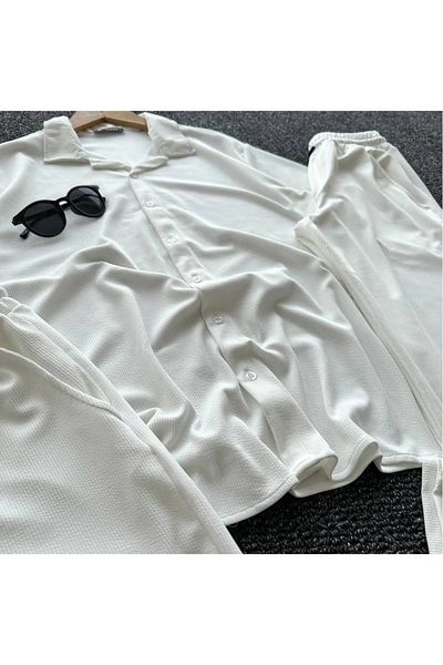 TEXTURA New Season Men's - Women's Relaxed Fit Loose White Shirt Shorts Trousers Set Triple Combination Set