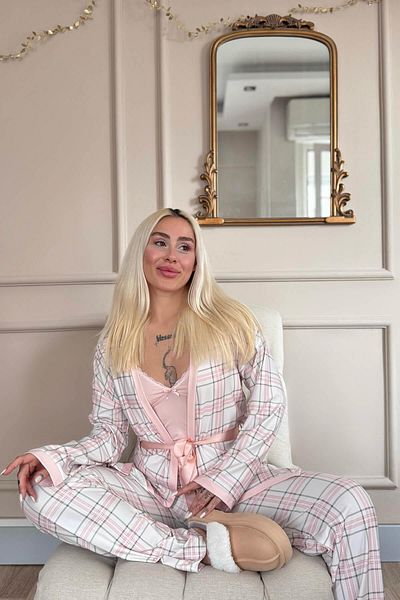 Pijamaevi Powder Soft Check Exclusive Women's Pajama Set with Knitted Dressing Gown