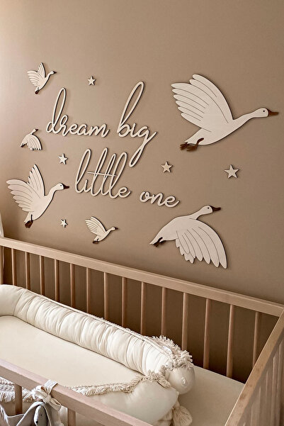 Dream Big Little One + Uçan Kazlar Ahşap Bebek Ve Çocuk Odası Iskandinav Tarzı Duvar Dekoru - Set