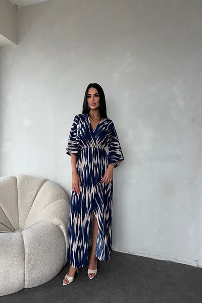 LİLA İSTANBUL Double-breasted collar viscose fabric ethnic patterned slit detailed summer dress