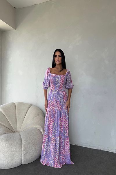 LİLA İSTANBUL Square Neck Gimped Floral Patterned Watermelon Sleeve Summer Dress