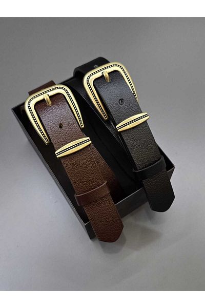 Kemerix 100% Genuine Leather Antique Coated Buckle Black-Bitter Brown 2-Piece Belt Set