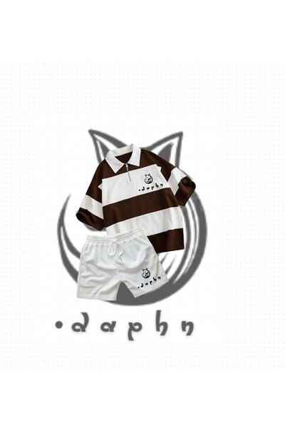 TEXTURA Striped Oversize Polo Collar Zippered Brown Fox Daphn Printed T-Shirt Shorts Set of 2